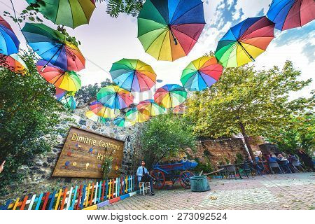 Istanbul, Turkey: Colorful Cafe At Balat Decorated With Umbrellas, On October 20, 2018