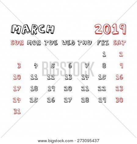 Calendar March 2019 Year In Cartoon Child Style. Calendar Planne