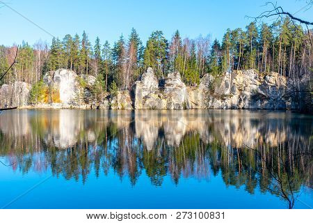 Natural Lake In Adrspach Rocks On Sunny Autumn Day. Adrspach-teplice Sandstone Rock Town, Czech Repu