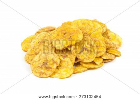 Pile Of Crunchy Sliced Dehydrated Plaintain Fruit Chips