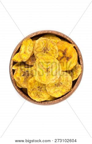 Pile Of Crunchy Sliced Dehydrated Plaintain Fruit Chips