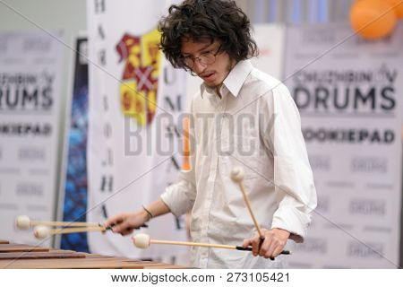 ST. PETERSBURG, RUSSIA - NOVEMBER 29, 2018: Musician playing marimba during the contest-festival of percussion instruments Drum Wave. This annual fest was held in 5th time