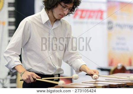 ST. PETERSBURG, RUSSIA - NOVEMBER 29, 2018: Musician playing marimba during the contest-festival of percussion instruments Drum Wave. This annual fest was held in 5th time