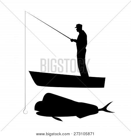 Old Man In Cap Catching Big Coryphaena With Fishing Rod On Boat. Vector Black Silhouette Image.