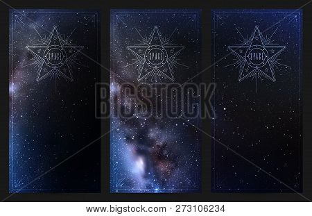 Set Of Vertical Banners With Night Starry Sky And Milky Way. Space Dark Background With Fragment Of 