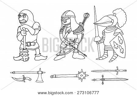 Coloring Page Of Cartoon Three Medieval Knights Prepering For Knight Tournament