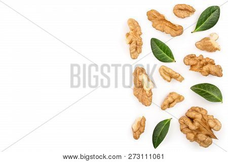 Peelled Walnuts With Leaves Isolated On White Background With Copy Space For Your Text. Top View. Fl