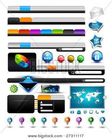 Premium insieme di intestazioni web stile moderno, forme, icone, mappa del mondo, elementi di design lucido e 