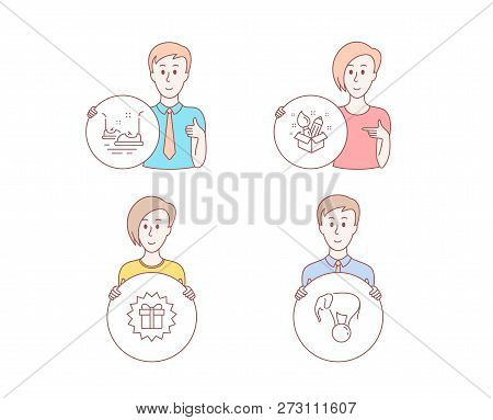People Hand Drawn Style. Set Of Surprise Gift, Bumper Cars And Creativity Icons. Elephant On Ball Si