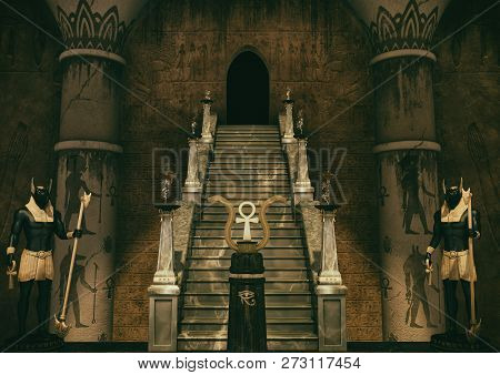 A Scene With An Egyptian Cross, Two Golden Snakes And Two Statues Of The God Anubis. 3d Illustration