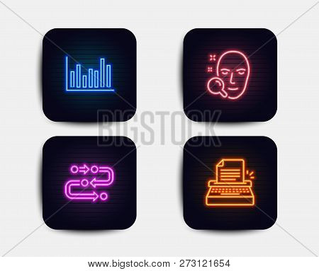 Neon Set Of Methodology, Face Search And Bar Diagram Icons. Typewriter Sign. Development Process, Fi