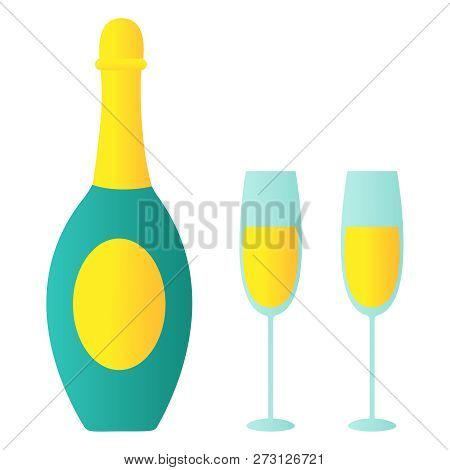 Isolated Illustration Of Bottle Of Champagne Bubbly, Two Glasses. Vector For Christmas Time, New Yea