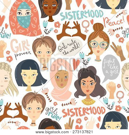 Feminism. Seamless Pattern With Women Portraits And Feminism Sig