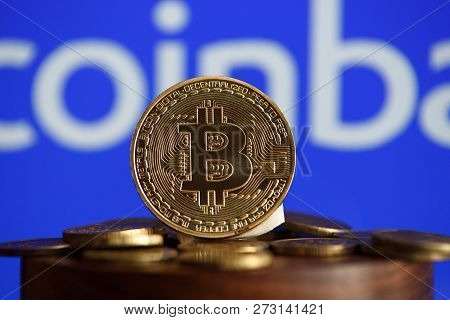 Tula, Russia - October 31, 2018: - Bitcoin Btc On Stack Of Cryptocurrencies With Coinbase Logo In Ba