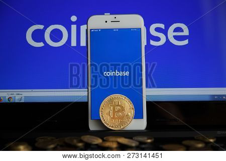 Tula, Russia - August 28, 2018: Coinbase - Buy Bitcoin And More, Secure Wallet Mobile App On The Dis