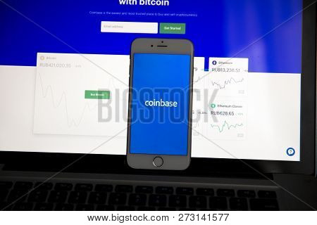 Tula, Russia - August 28, 2018: Coinbase - Buy Bitcoin And More, Secure Wallet Mobile App On The Dis