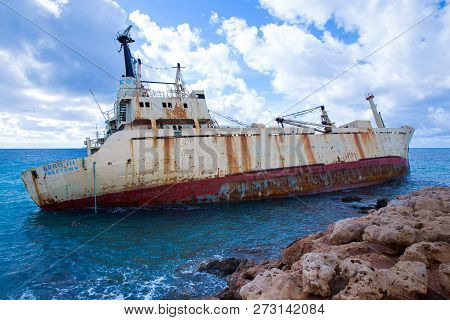 Old Ship Wreck And Blue Water Beach. Travel Photo 2018, December. Landscape And Nature.