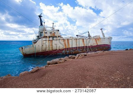 Old Ship Wreck And Blue Water Beach. Travel Photo 2018, December. Landscape And Nature.