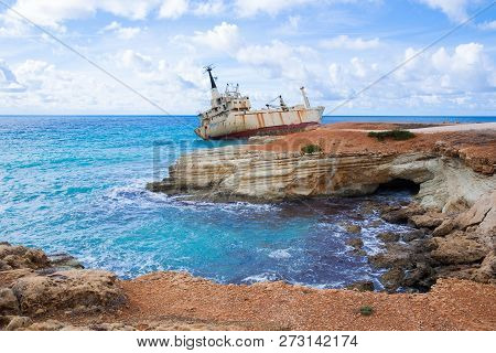 Goust Old Wreck Ship And Blue Water Beach. Travel Photo 2018, December. Landscape And Nature.