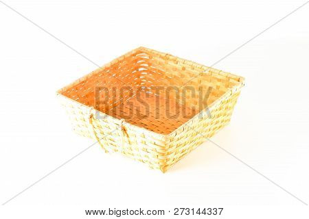 Close-up Of Vimini Bamboo Wooden Basket Object On A White Background