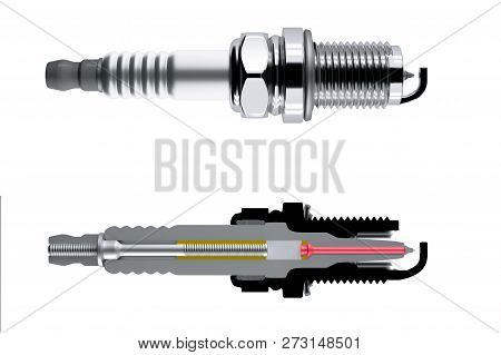 Spare Parts Cutaway Spark Plugs On White Background For Car And Motorcycle. New Auto Parts Spark Plu