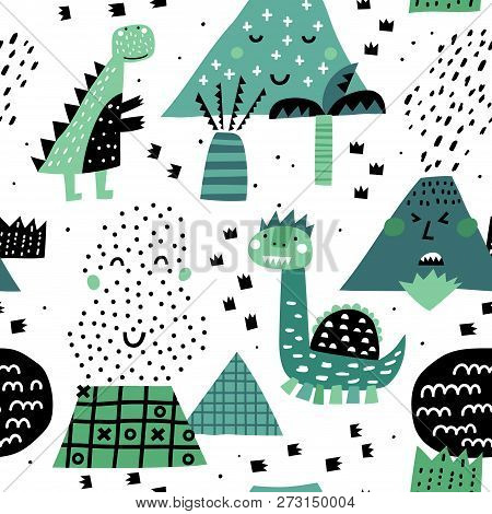 Cute Seamless Pattern With Mountais And Dino In Scandinavian Style. Creative Vector Childish Backgro