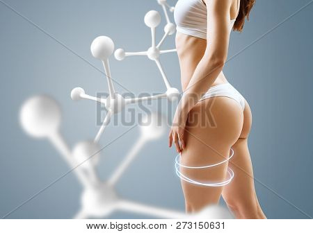 Woman With Perfect Body Near Molecule Chain. Slimming Concept. Metabolism Improvemen Concept.