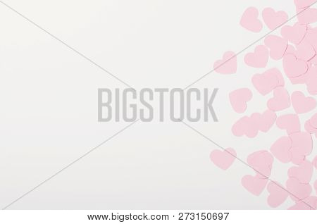 Small Pink Paper Hearts On White Background. Place For The Inscription, Congratulations On Valentine