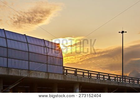 St. Petersburg, Russia - August 28, 2018: Highway Sound Proof Barrier Panel Of The Ring Road From Ou