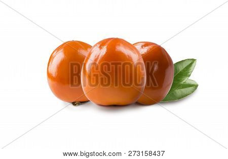 Persimmon With Copy Space For Text. Orange Ripe Persimmon Isolated On White Background. Three Persim
