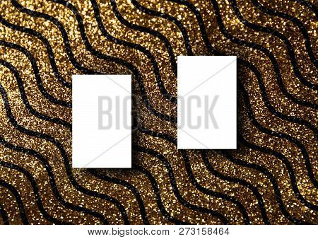 Business Card Mock-up Template With Gold Wavy Line Pattern Background