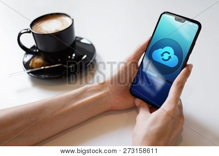 Mobile Phone Cloud Synchronisation Process On Device Screen. Technology Concept.