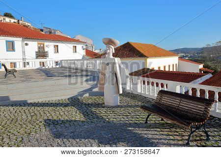 Aljezur, Portugal - November 13, 2018: The Main Square Inside The Old Town Of Aljezur, With The Stat