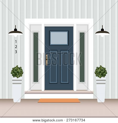House Door Front With Doorstep And Mat, Steps, Window, Lamp, Flowers, Building Entry Facade, Exterio