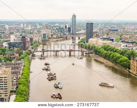 Aerial View Of The Thames River And Lambeth Bridge. Cityscape View Of London, Uk