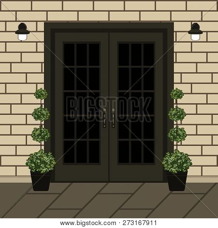 House Door Front With Doorstep And Window, Lamp, Flowers, Building Entry Facade, Exterior Entrance W
