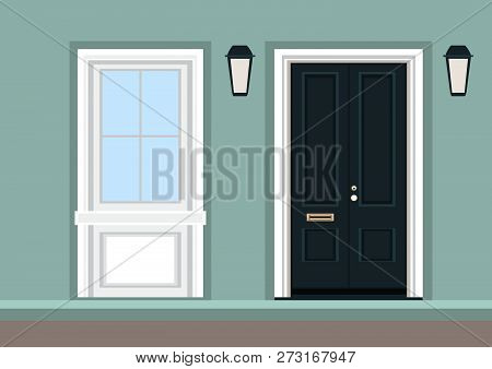 House Door Front With Doorstep And Mat, Steps, Window, Lamp, Flowers, Building Entry Facade, Exterio