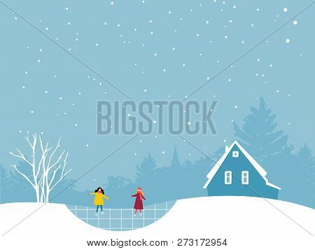 Two Girls Skating On Ice Rink. Winter Landcsape Flat Illustration With Trees And Small House Cabin.
