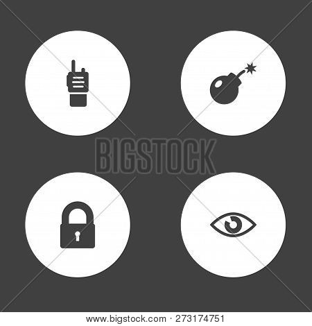Set Of 4 Security Icons Set. Collection Of Lock, Eye, Bomb And Other Elements.