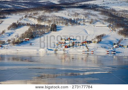 Winter View To Lavangen Fjord And Soloy Village, Troms County, Norway.