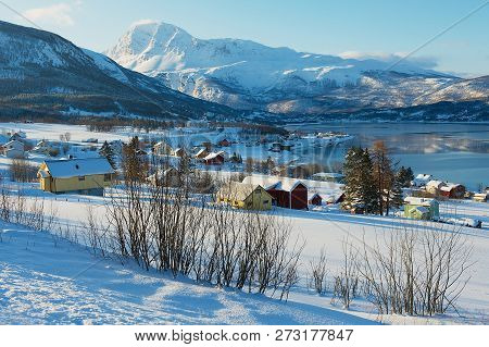 Winter View To Lavangen Fjord And Soloy Village, Troms County, Norway.