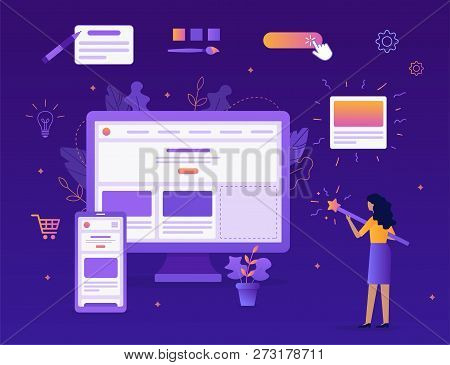 The Girl Creates Her Own Website. Shes Holding A Magic Wand. Website Builder Concept. Web Developmen