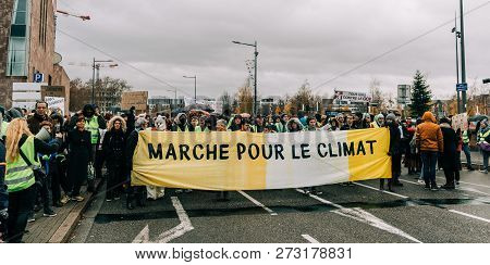 Strasbourg, France - Dec 8, 2018: Crowd Of People Marching In Central Strasbourg At The Nationwide P
