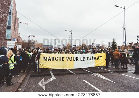 Strasbourg, France - Dec 8, 2018: Crowd Of People Marching In Central Strasbourg At The Nationwide P