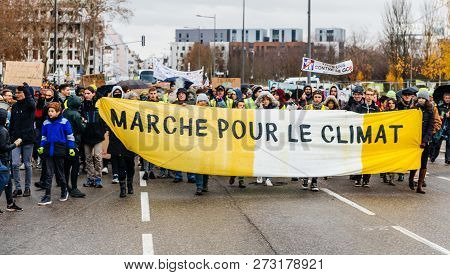 Strasbourg, France - Dec 8, 2018: Crowd Of People Marching In Central Strasbourg At The Nationwide P