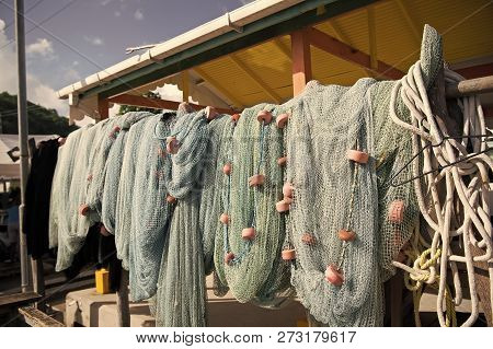 Fishing Nets Dry On Sun In Castries, St.lucia. Fishing And Recreation On Tropical Island. Travelling