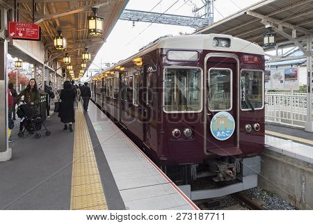 Arashiyama, Japan - November 20, 2018 : Hankyu Railway, Train Stop Of Hankyu Arashiyama Station In A