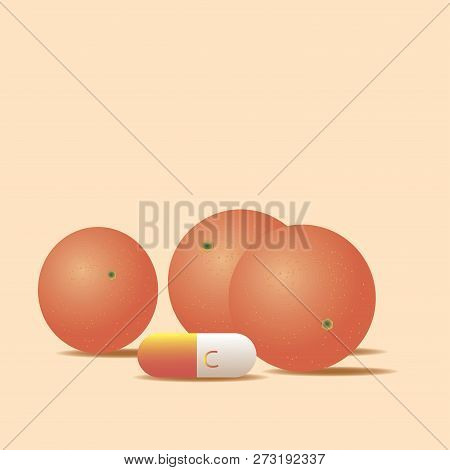 Orange Medicine , Drug , Vitamin C Capsule Vector Illustration. Fruit Close-up