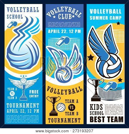 Volleyball Sport Club Teams Tournament Banners. Vector Balls, Net, Winner Trophy Cup And Referee Whi