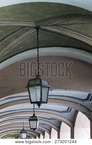 Saluzzo, Cuneo, Piedmont, Italy: Historic Buildings Along The Main Street Of The City. Portico